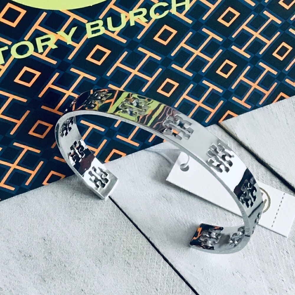 TORY BURCH LOGO HOLLOW BRACELET SILVER